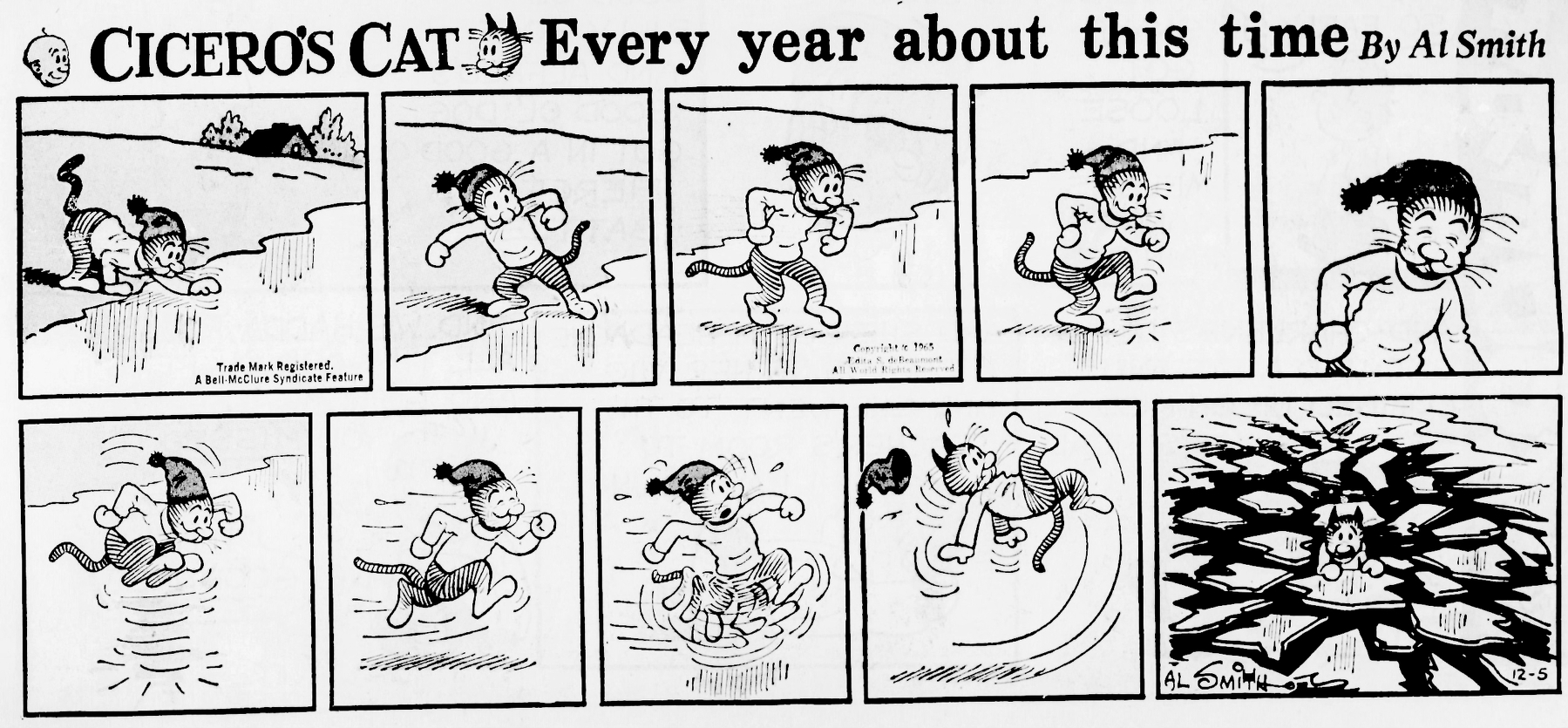 A comic strip with the title "Cicero's Cat: Every year about this time". A cartoon cat goes out onto a frozen pond or lake, carefully checking the ice to see if it will break. Satisfied that the ice is sturdy, she smiles, jumps on the ice, and runs around on it with no adverse effect, until she slips and falls on the ice, causing it to break and causing her to fall into the water.
