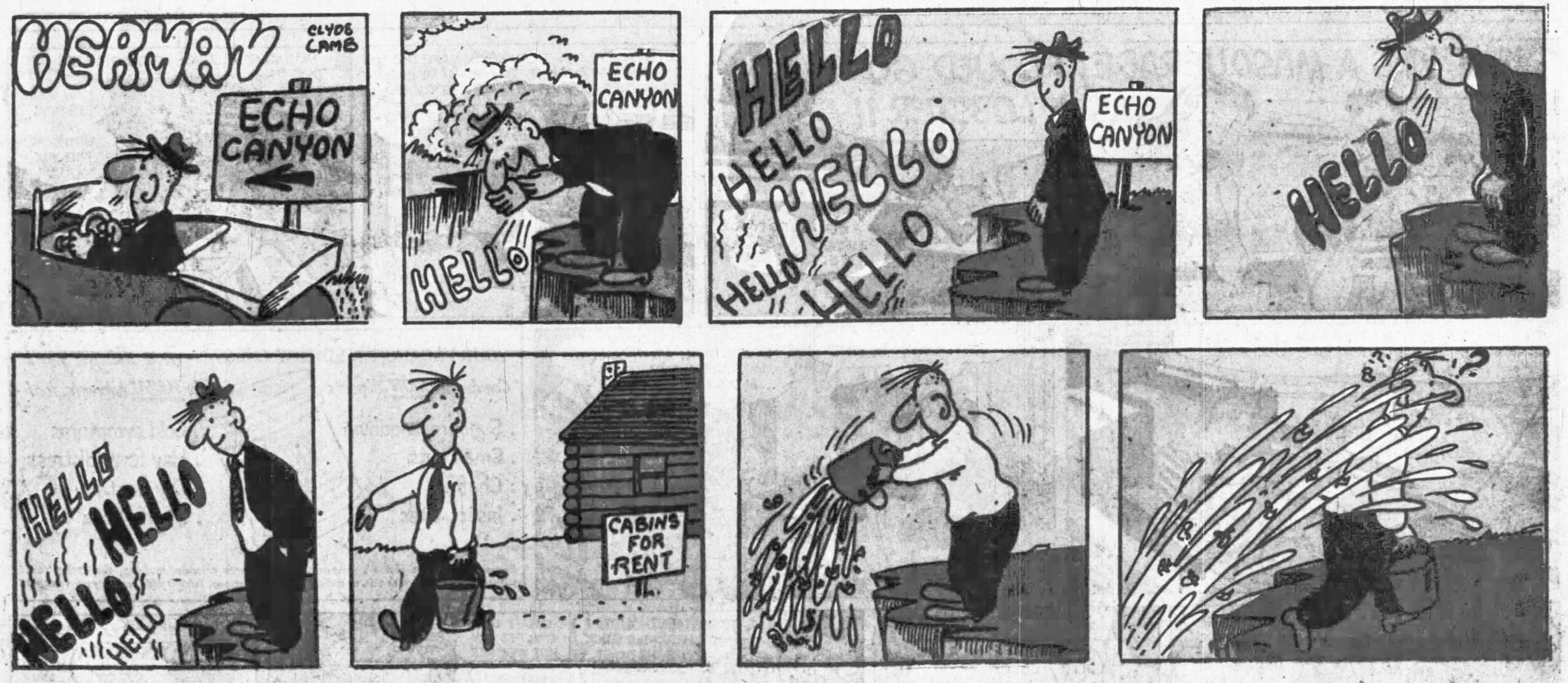 A man drives in a car past a sign with an arrow pointing to the left and which says "Echo Canyon." The man stands next to the edge of a cliff and yells "HELLO" down into it. The word "HELLO" is repeated back to him several times from below. He does this again with the same result. Later, the man walks out of his cabin with a bucket full of dirty water and throws it into the canyon where had been yelling earlier. The water splashes back up at him from below.