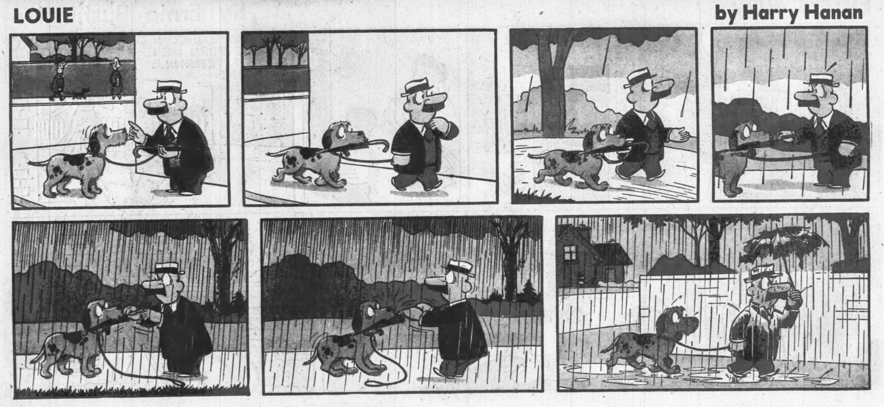 An image of a comic strip of a man walking his dog. The man is holding an umbrella. He gives the umbrella to his dog to carry. The dog carries the umbrella in its mouth. The man notices it’s starting to rain. He tries to get the umbrella back from the dog, but the dog won’t give it back. It starts to rain harder. The dog continues to hold on tightly to the umbrella and the man is unable to pry it away from him. In the final panel, the man has successfully gotten the umbrella away from the dog, but it’s completely in tatters and the man is soaking wet.